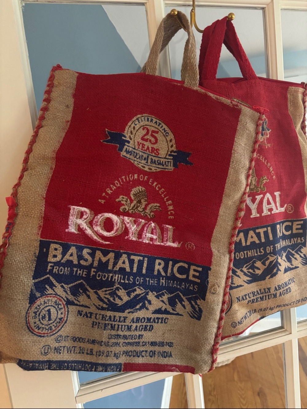 Royal Basmati Rice burlap Tote Bags - Red & Natural